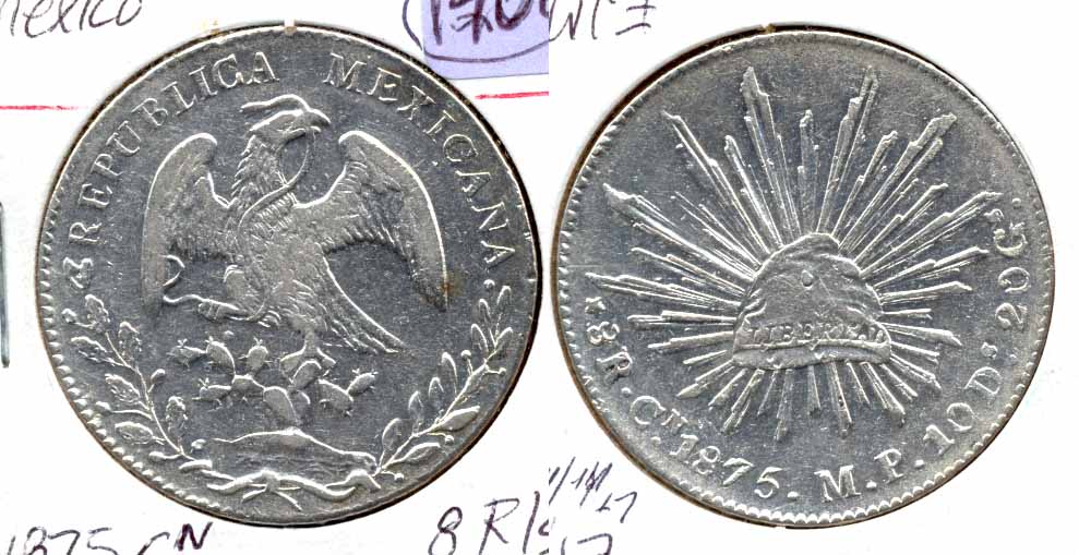 1875-Cn Mexico 8 Reales EF-40