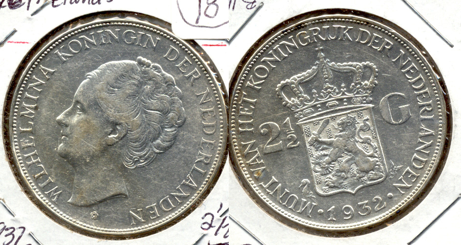 1932 Netherlands 2 1/2 Gulden EF-40
