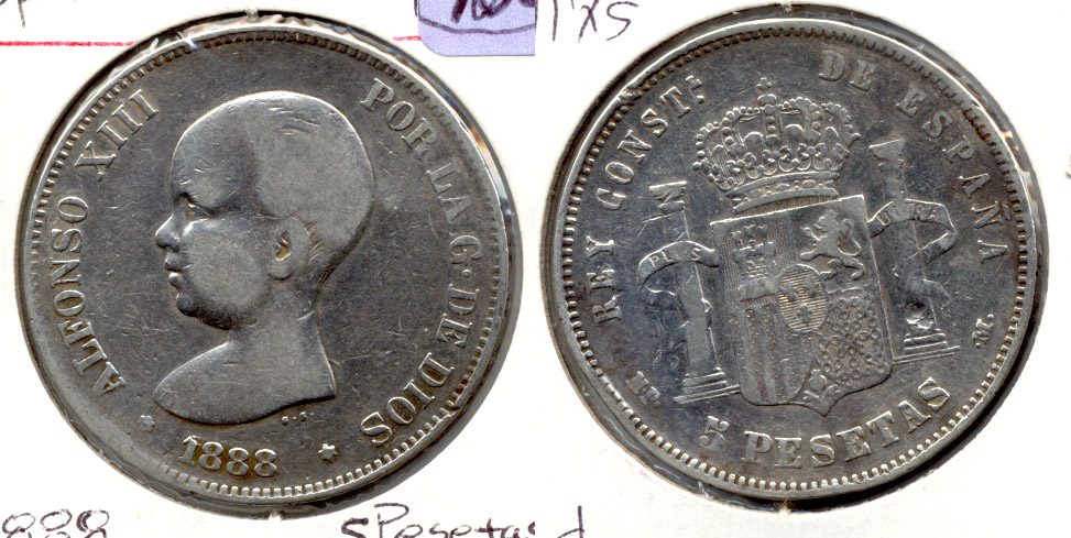 1888 Spain 5 Pesetas Fine-12