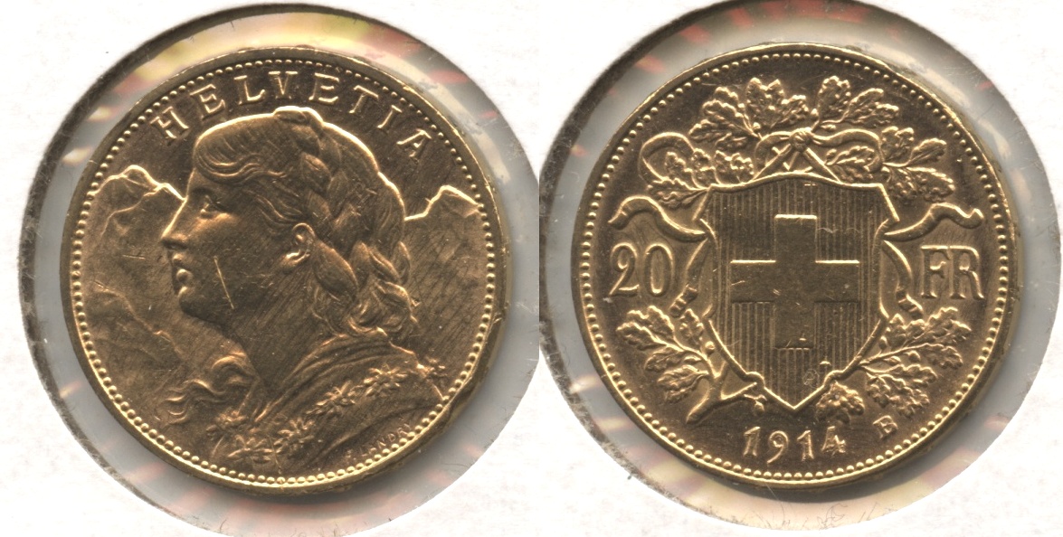 1914-B Switzerland 20 Francs AU-55