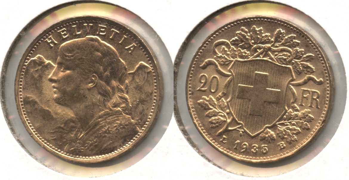 1935 Switzerland 20 Francs AU-55 #d