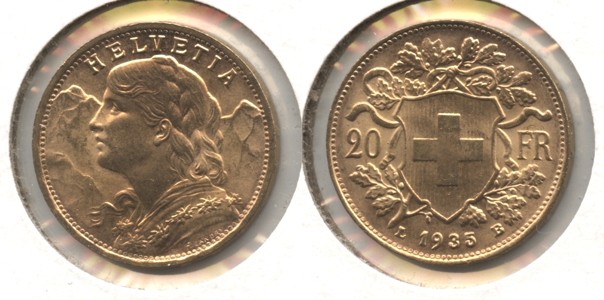 1935 Switzerland 20 Francs AU-55 #f
