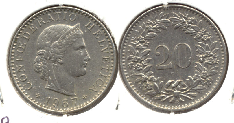 1967-B Switzerland 20 Rappen EF-40
