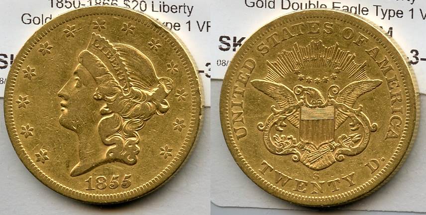 1855-S Liberty Head $20.00 Gold Double Eagle VF-20