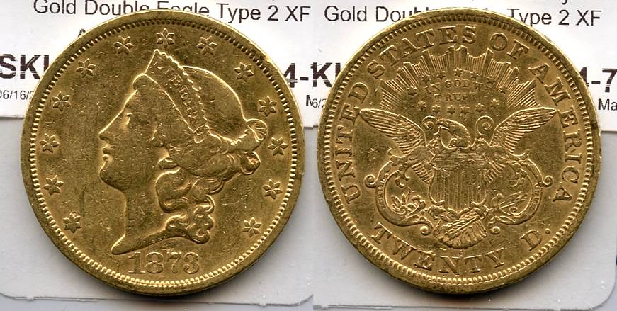 1873-S Closed 3 Liberty Head $20.00 Gold Double Eagle EF-40