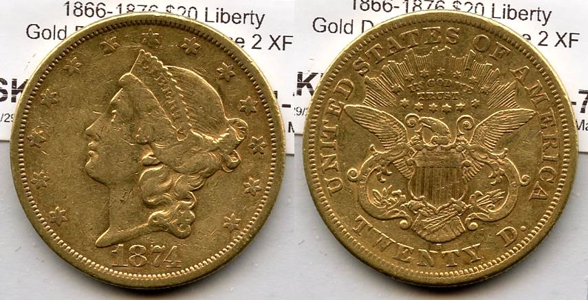 1874-S Liberty Head $20.00 Gold Double Eagle EF-40 #a Repunched Mint Mark