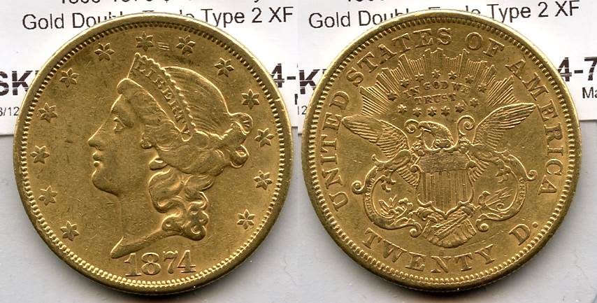 1874-S Liberty Head $20.00 Gold Double Eagle EF-40 #b