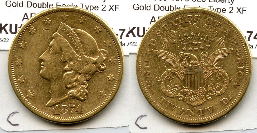 1874-S Liberty Head $20.00 Gold Double Eagle EF-40 #c