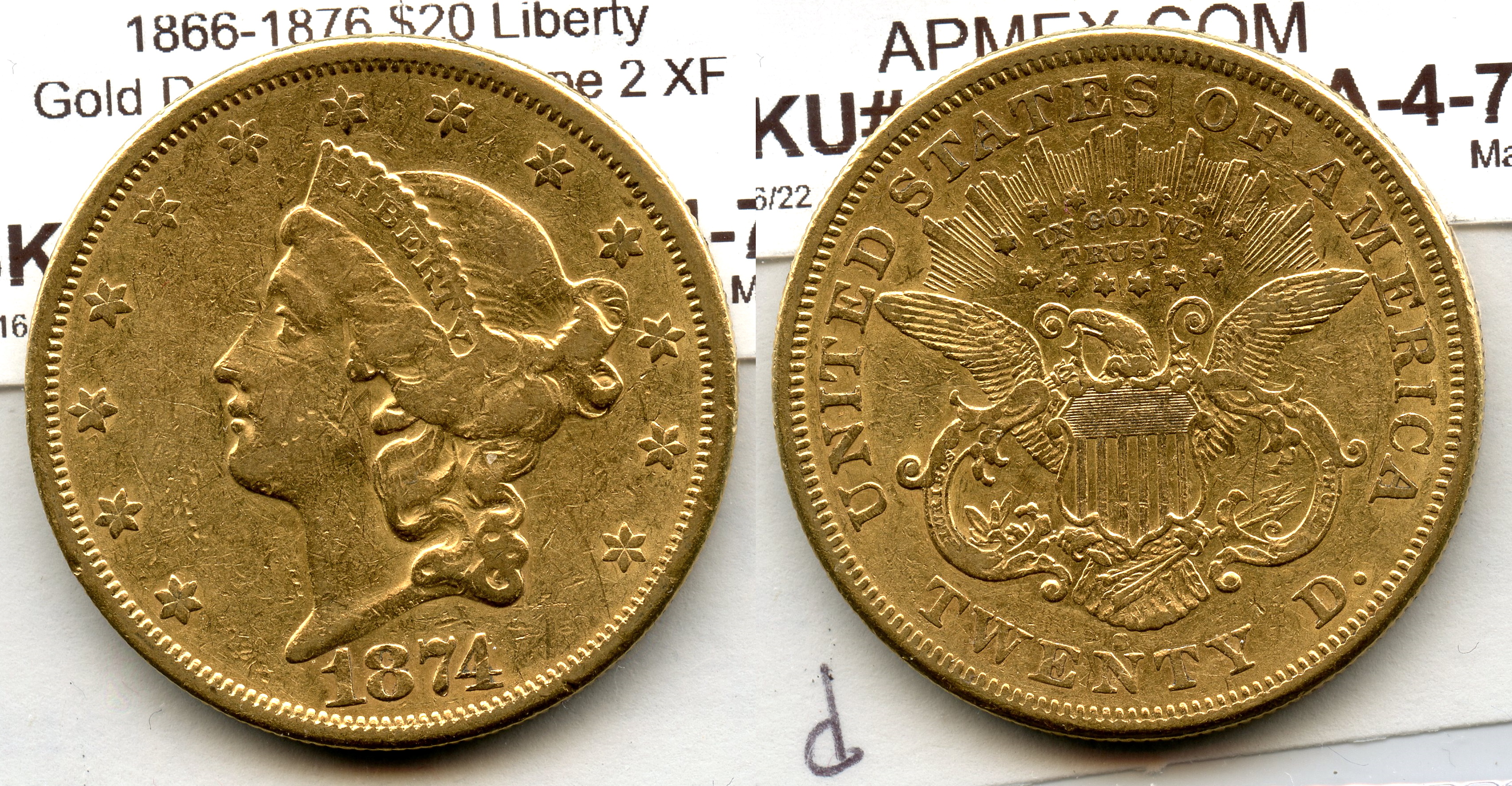 1874-S Liberty Head $20.00 Gold Double Eagle EF-40 #d large