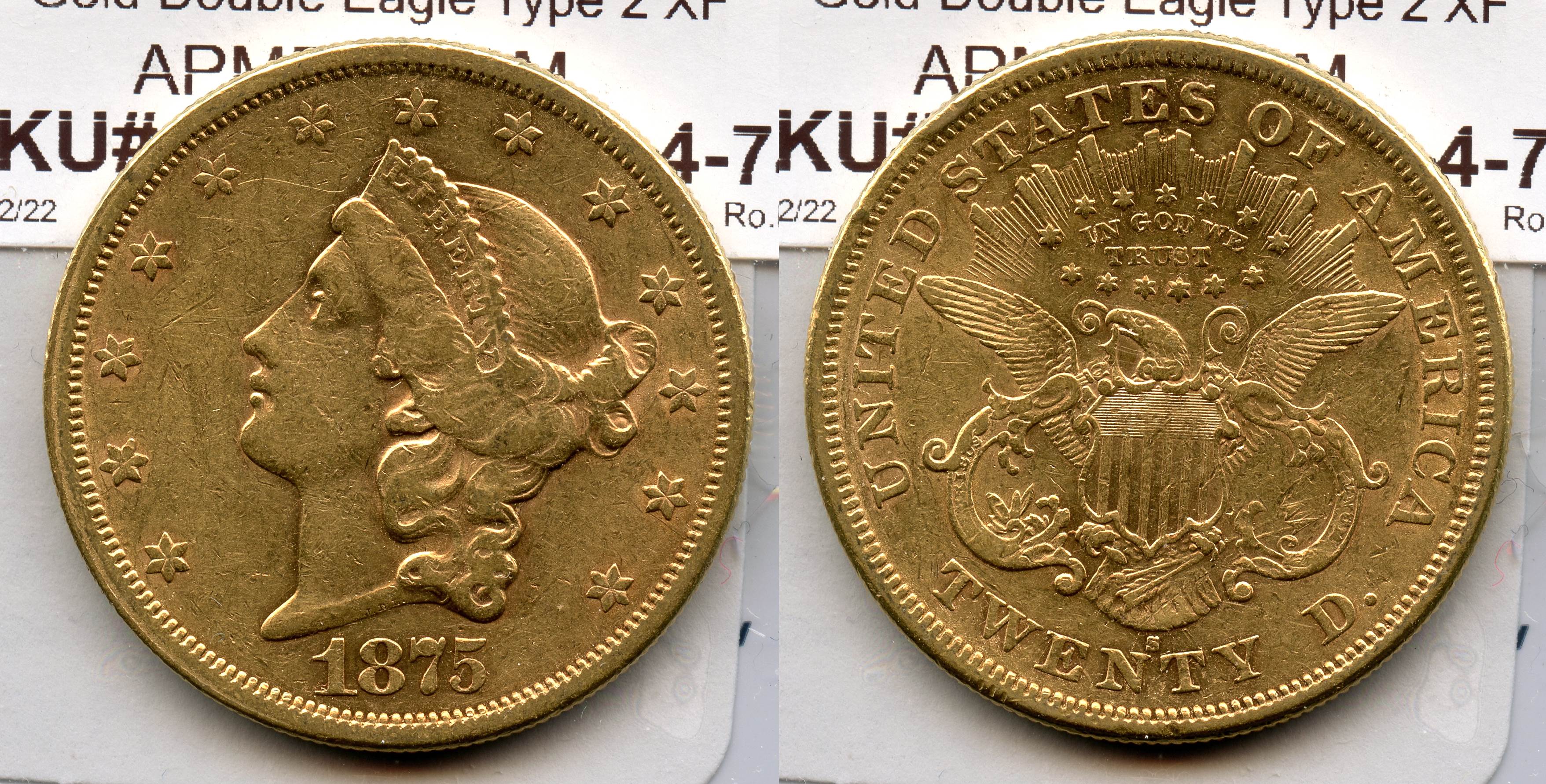 1875-S Liberty Head $20.00 Gold Double Eagle EF-40 #a large