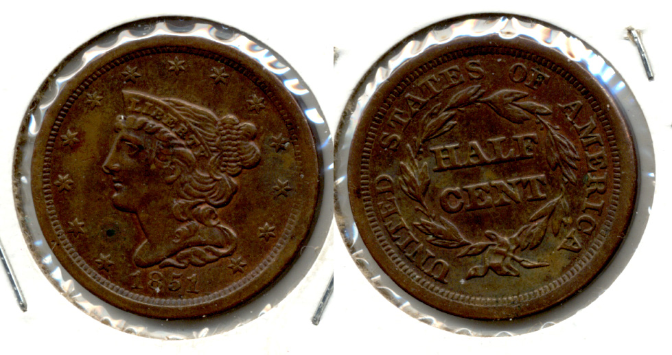 1851 Coronet Half Cent EF-40 a Cleaned Retoned