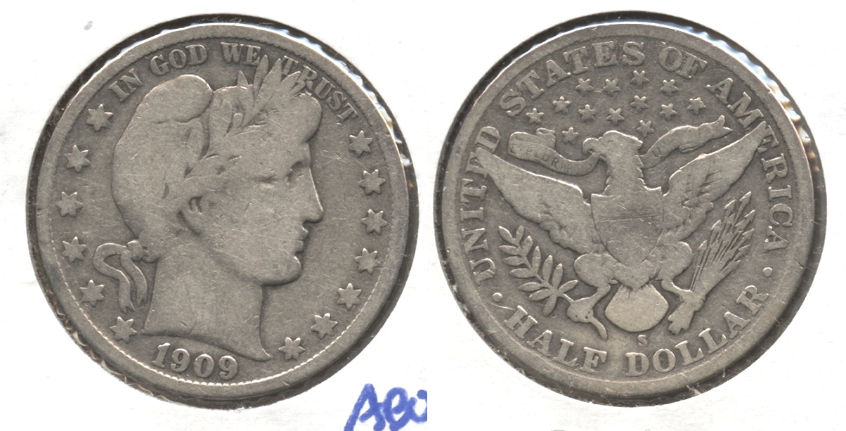 1909-S Barber Half Dollar VG-8 #g Lightly Cleaned