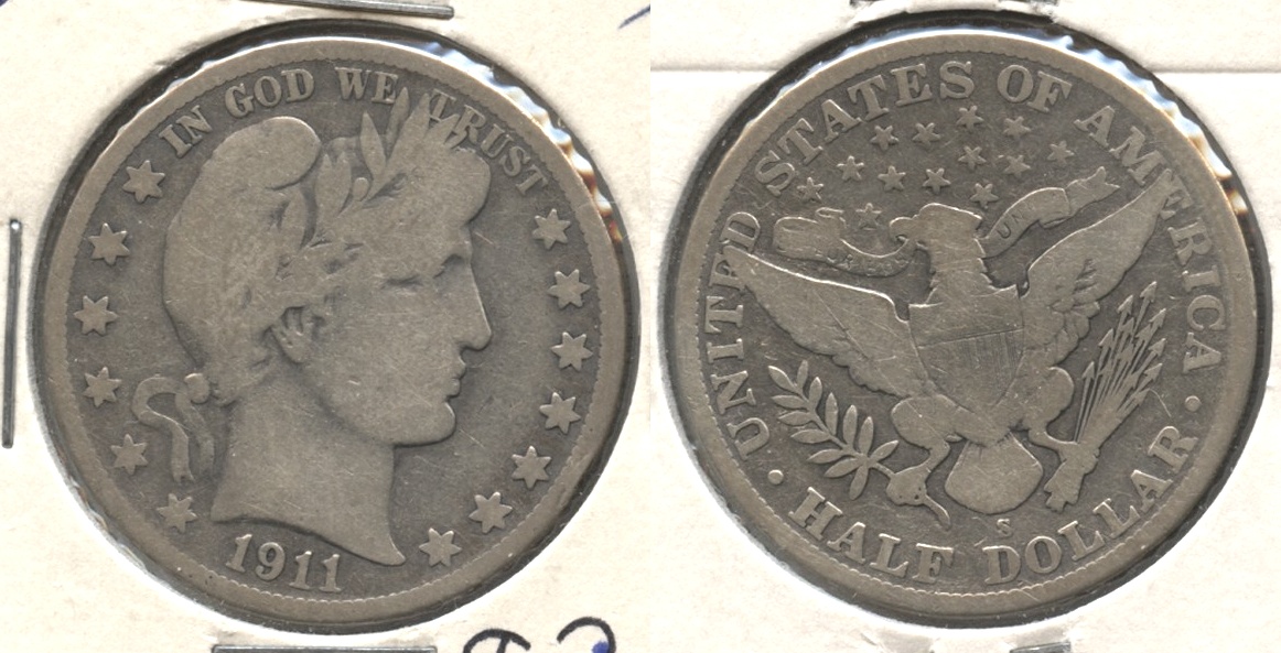 1911-S Barber Half Dollar Good-4 #c Cleaned