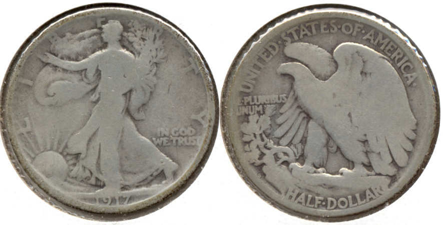 1917-S Reverse Mint Mark Walking Liberty Half Dollar Good-4 f