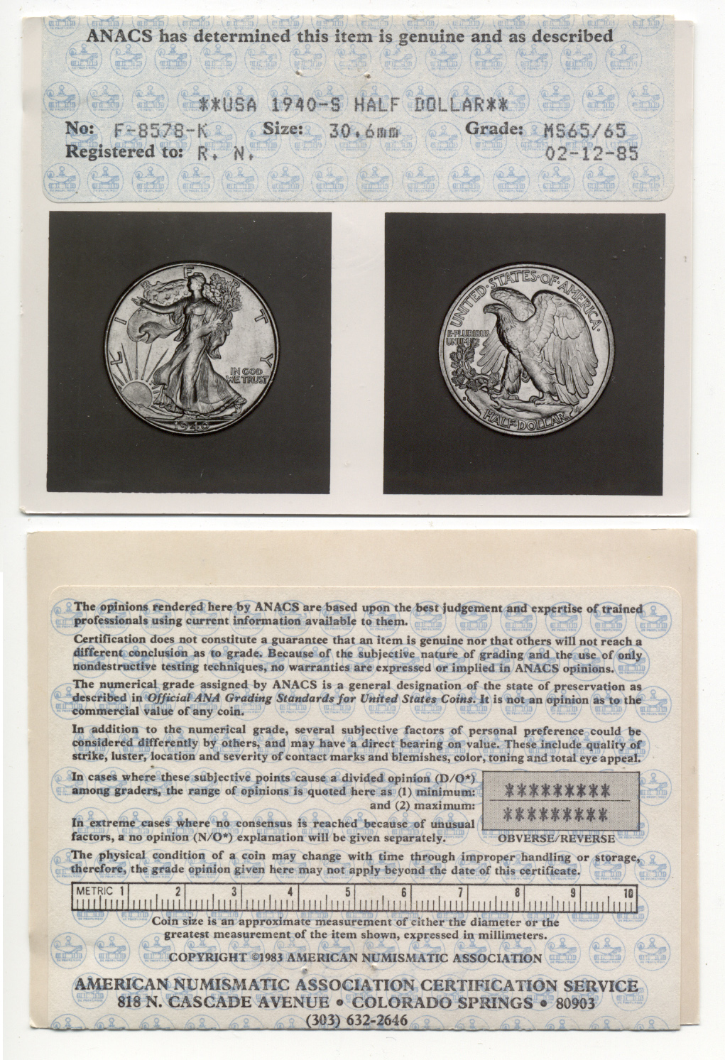 ANACS MS-65 Certificate a