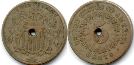 1866 Shield Nickel Fine-12 Holed