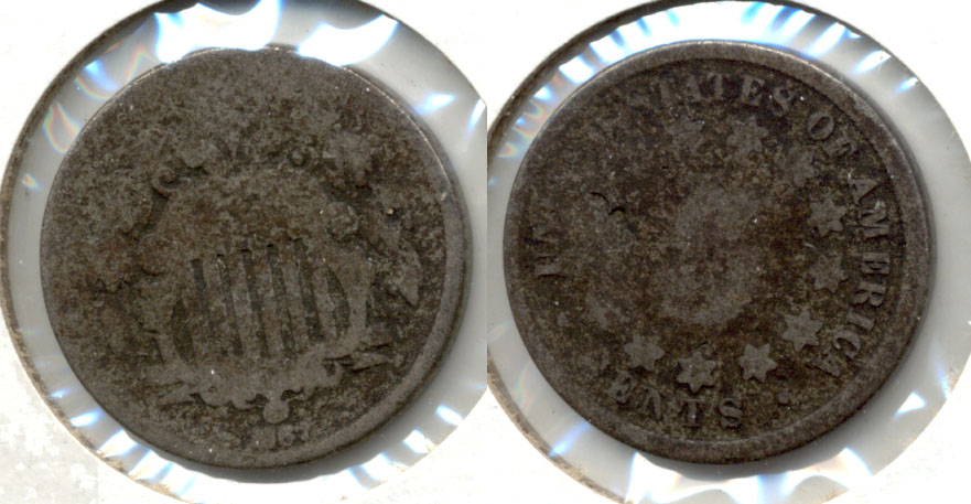 1867 No Rays Shield Nickel AG-3 o Porous