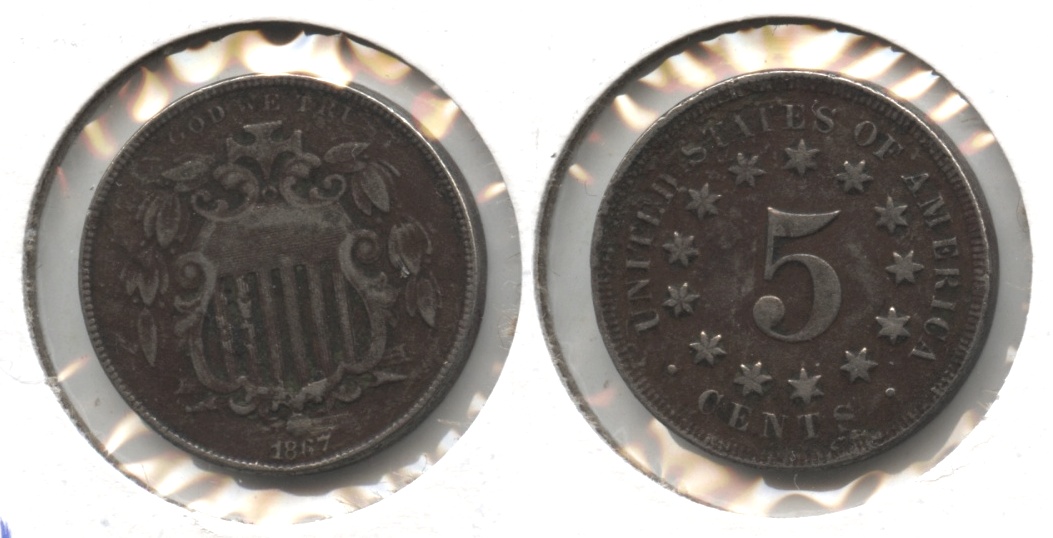 1867 No Rays Shield Nickel Fine-12 #g Dark