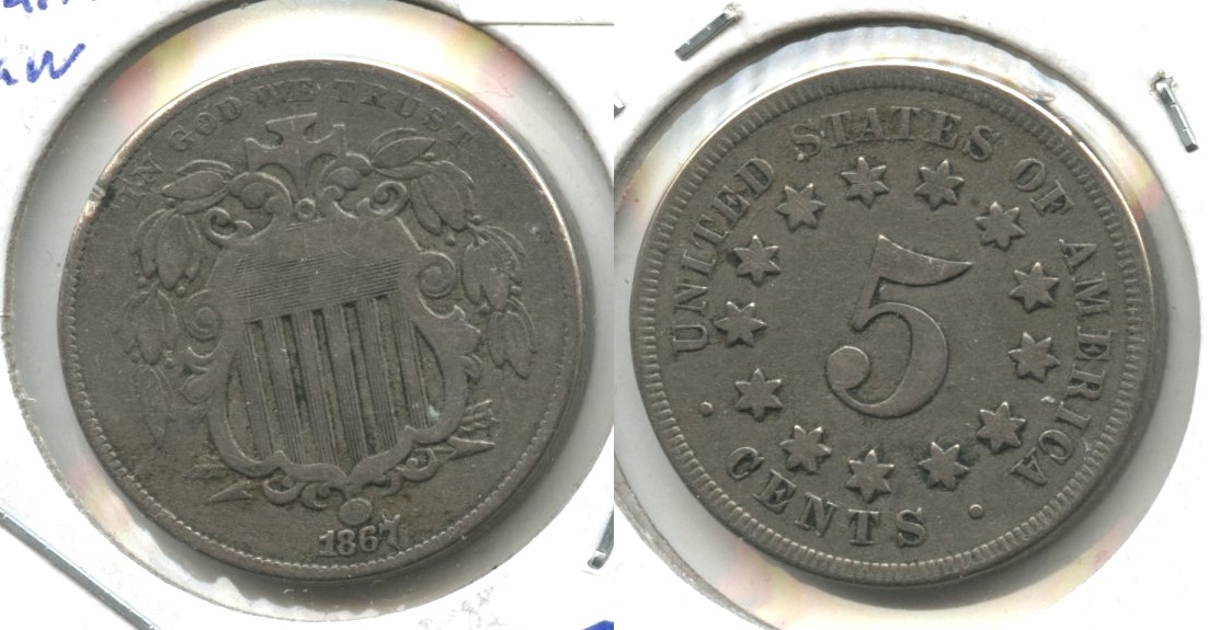 1867 No Rays Shield Nickel Fine-12 #h Planchet Flaw