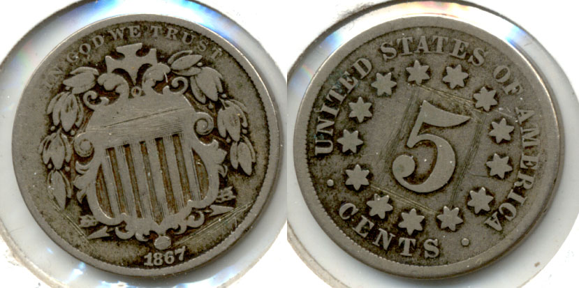 1867 No Rays Shield Nickel Good-4 a Scratches
