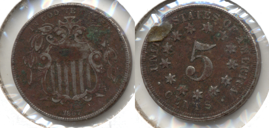 1867 No Rays Shield Nickel VG-8 e Corroded