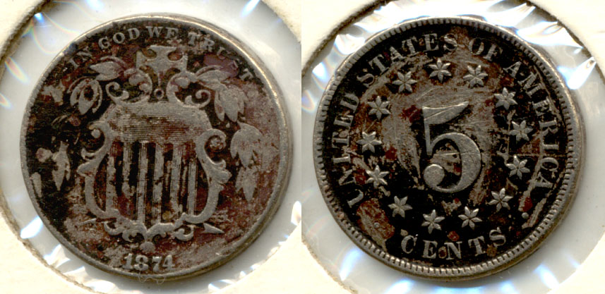 1874 Shield Nickel Fine-12 Scratches