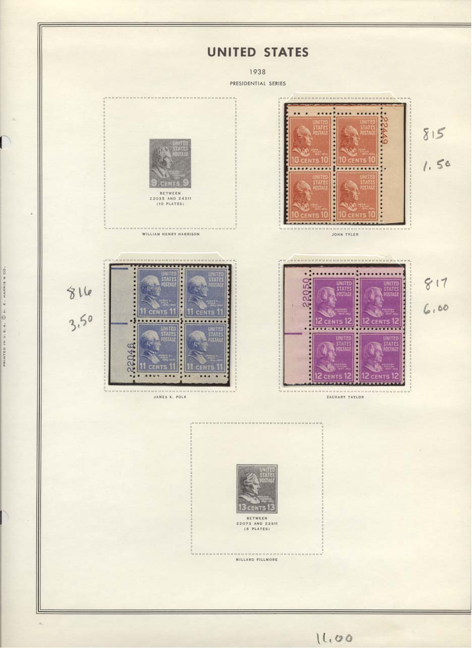 Stamp Plate Block Scott #815 John Tyler, 816 James K. Polk, & 817 Zachary Taylor