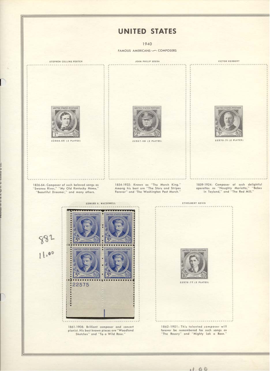 Stamp Plate Block Scott #882 Edward MacDowell