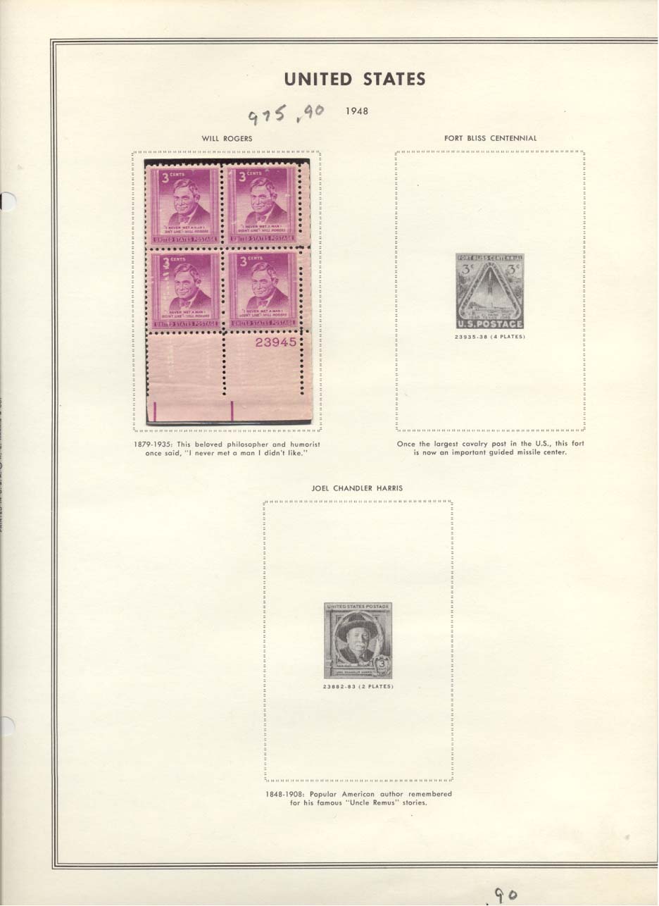 Stamp Plate Block Scott #975 Will Rogers
