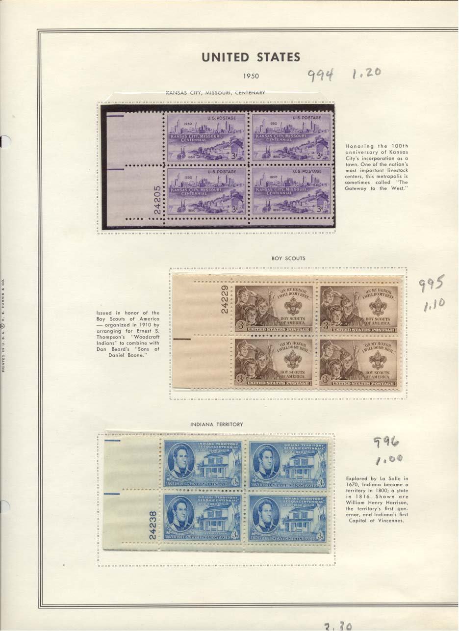 Stamp Plate Block Scott #994 Kansas City, Missouri Centennial, 995 Boy Scouts, & 996 Indiana Territory