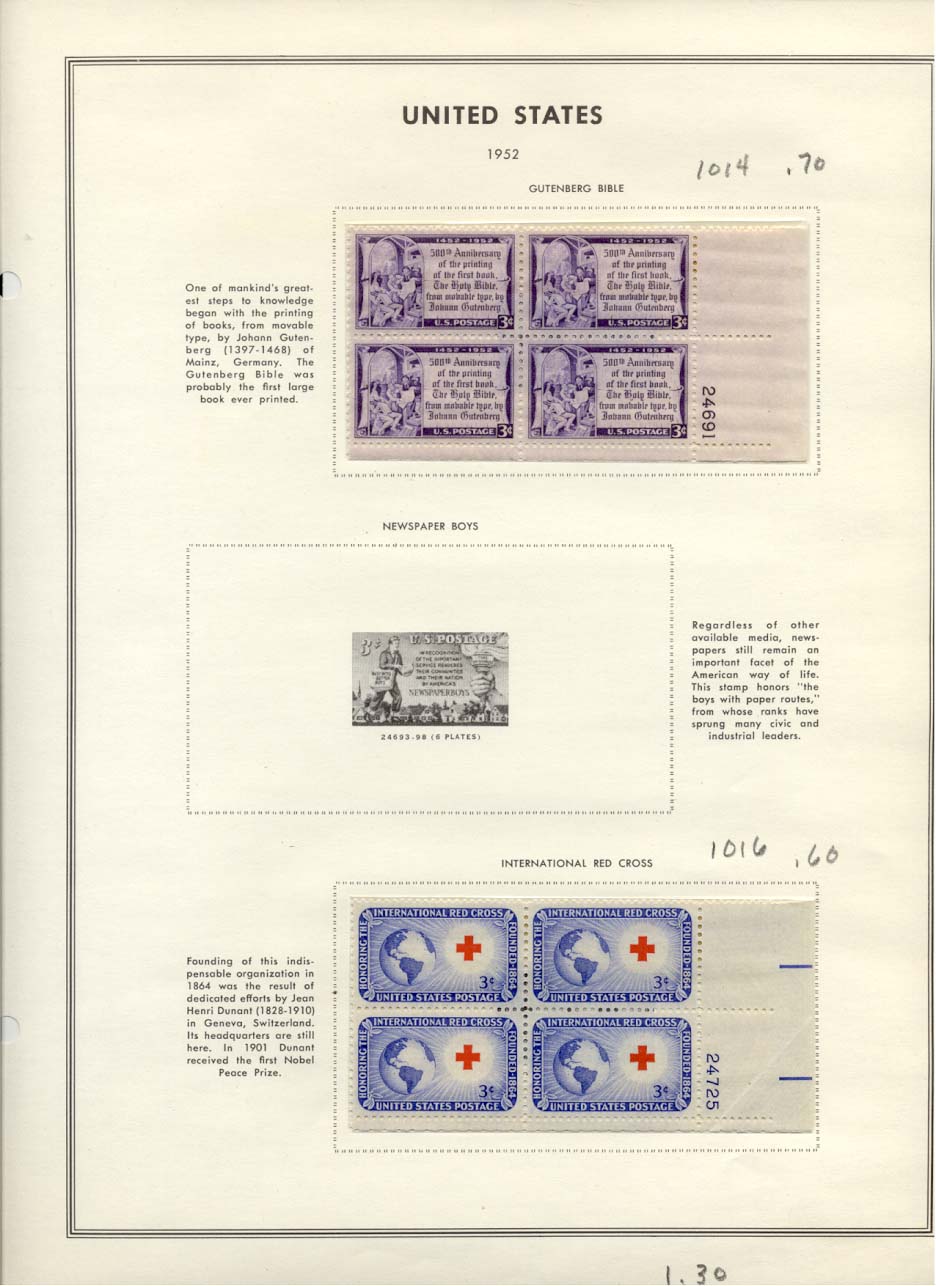 Stamp Plate Block Scott #1014 Gutenberg Bible & 1016 International Red Cross