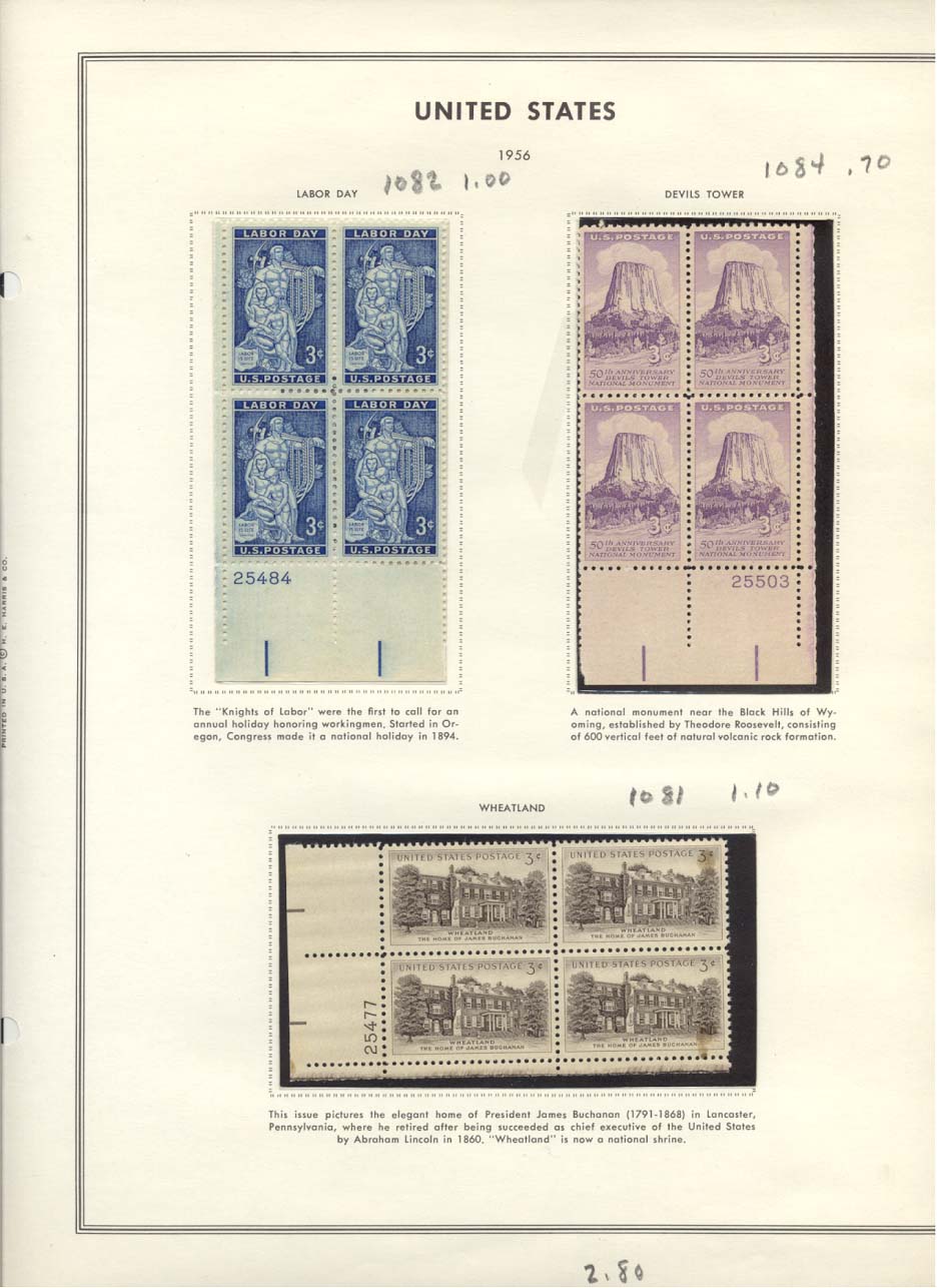 Stamp Plate Block Scott #1082 Labor Day, 1084 Devils Tower, & 1081 Wheatland
