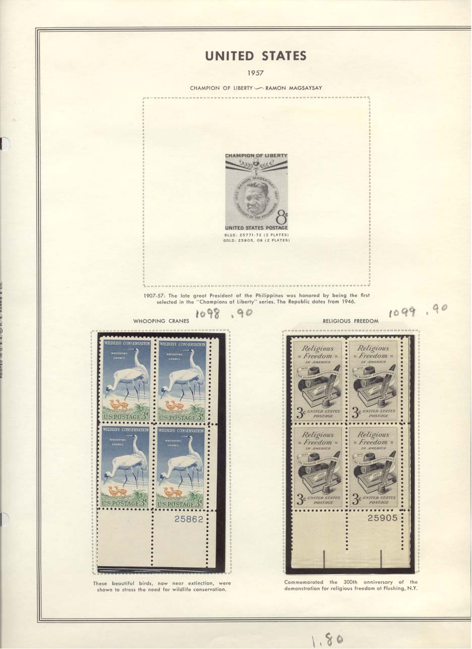 Stamp Plate Block Scott #1098 Whooping Cranes & 1099 Religious Freedom