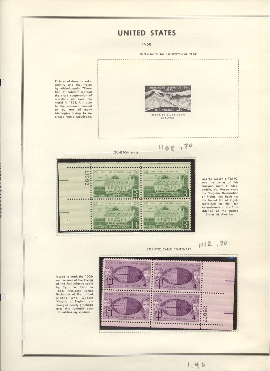 Stamp Plate Block Scott #1108 Gunston Hall & 1112 Atlantic Cable Centenary
