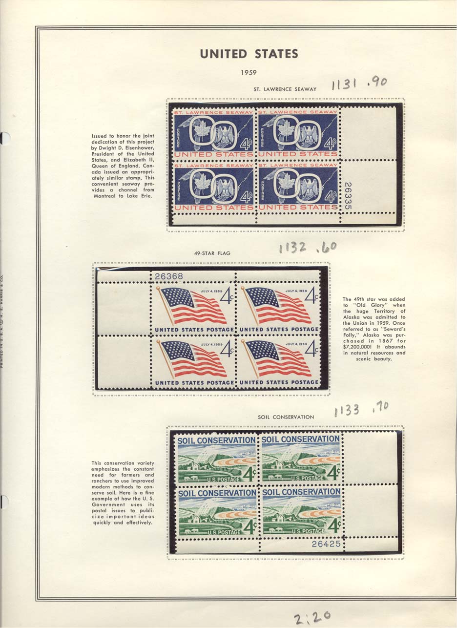 Stamp Plate Block Scott #1131 St. Lawrence Seaway, 1132 49-Star Flag, & 1133 Soil Conservation
