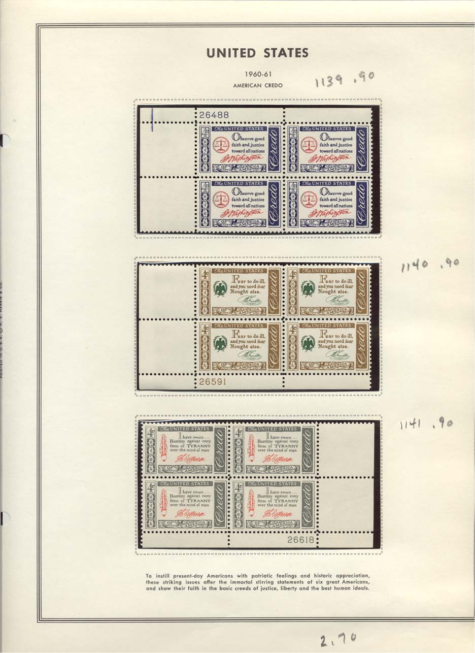 Stamp Plate Block Scott #1139, 1140, & 1141 American Credo