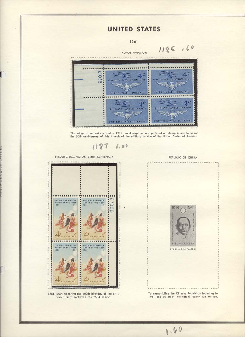 Stamp Plate Block Scott #1185 Naval Aviation & 1187 Frederic Remington