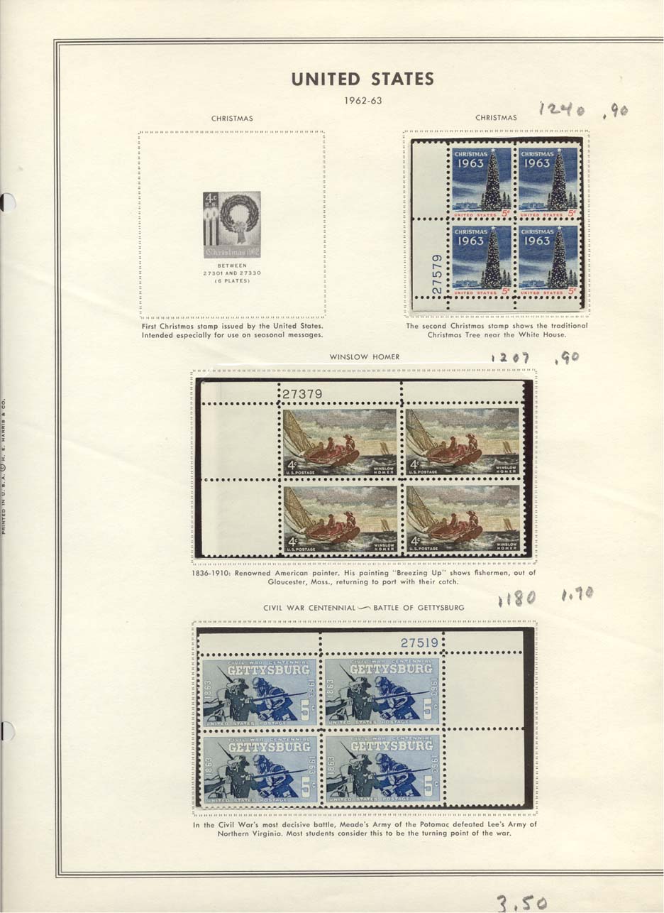 Stamp Plate Block Scott #1240 Christmas 1963, 1207 Winslow Homer, & 1180 Battle of Gettysburg