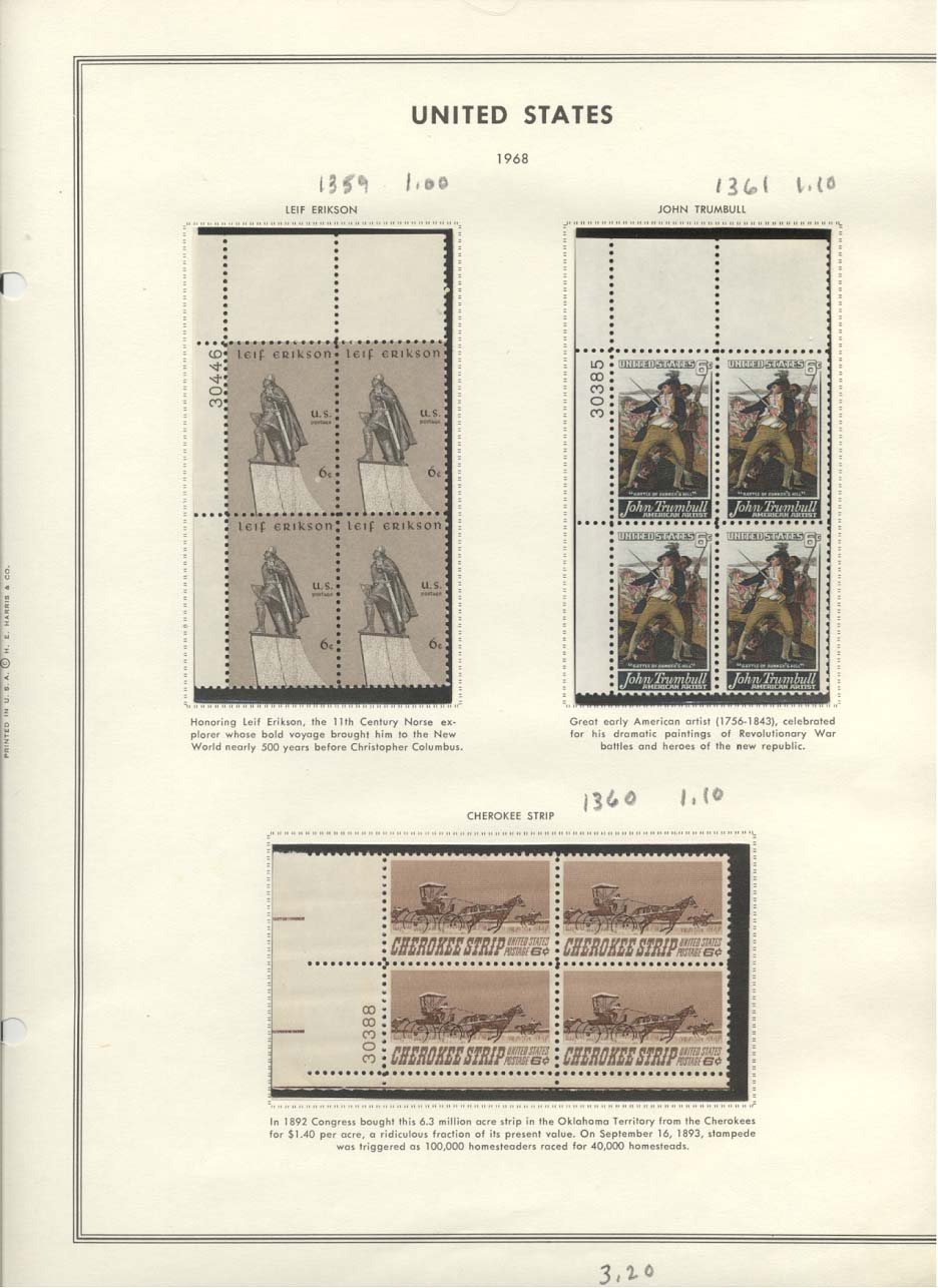 Stamp Plate Block Scott #1359 Leif Erikson, 1361 John Trumbull, & 1360 Cherokee Strip