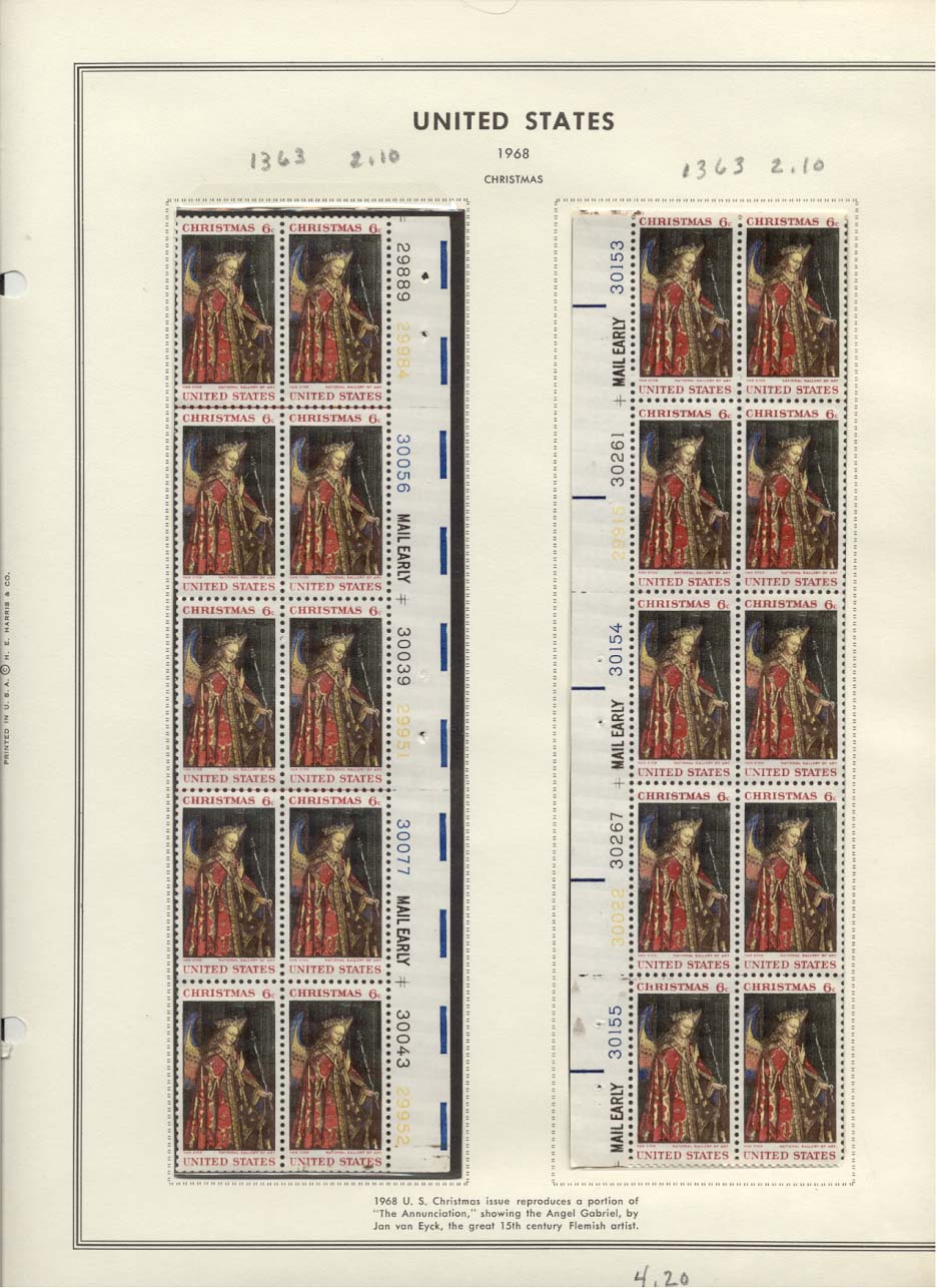 Stamp Plate Block Scott #1363 Christmas 1968