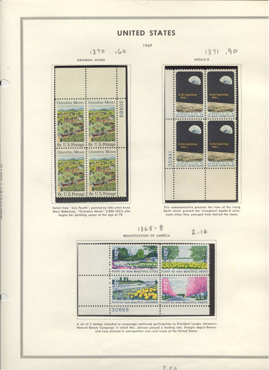 Stamp Plate Block Scott #1370 Grandma Moses, 1371 Apollo 8, & 1365-1368 Beautification of America