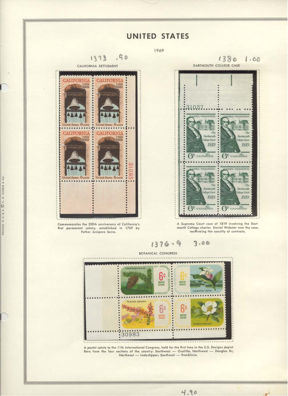 Stamp Plate Block Scott #1373 California Settlement, 1380 Dartmouth College Case, & 1376-1379 Botanical Congress
