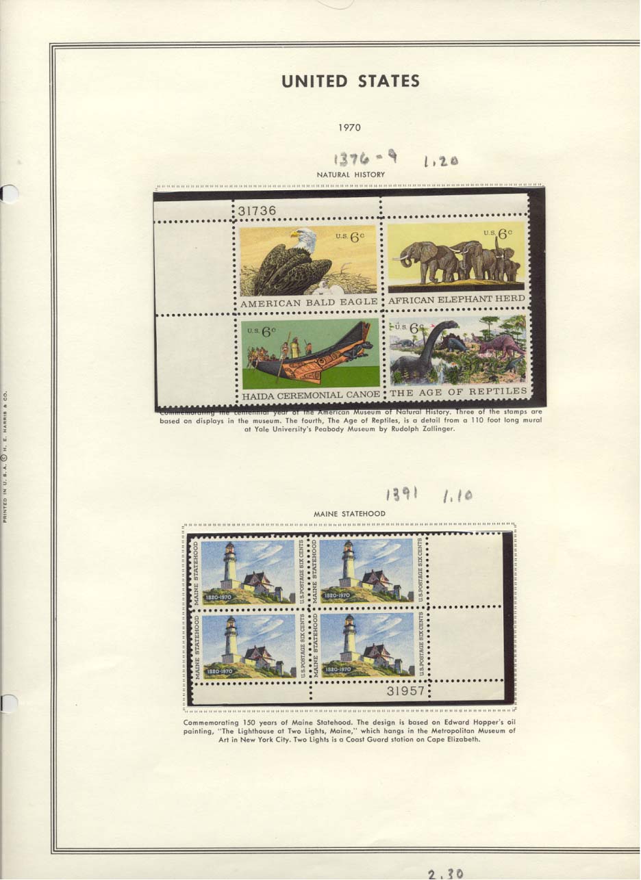 Stamp Plate Block Scott #1376-1379 Natural History & 1391 Maine Statehood