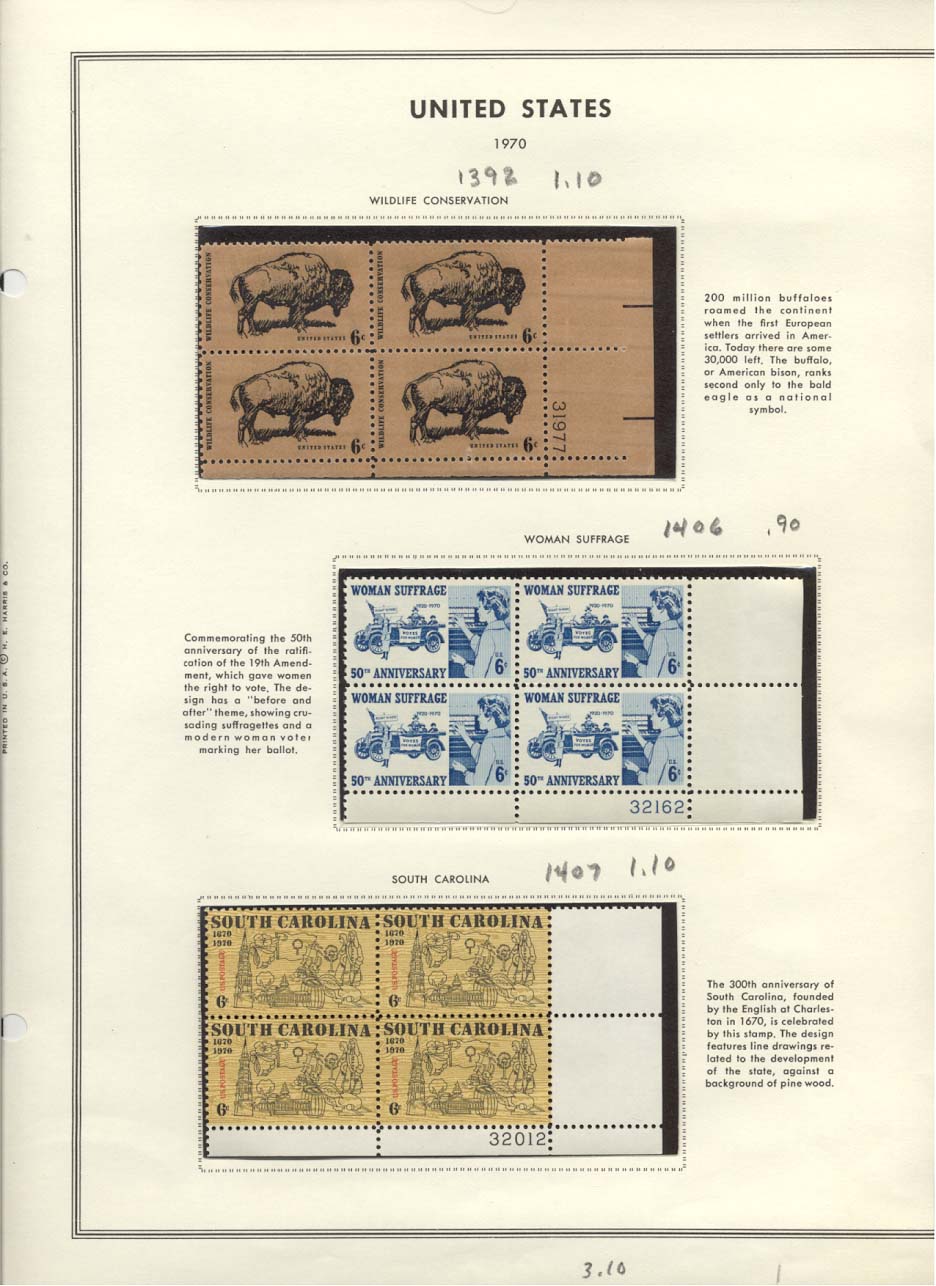 Stamp Plate Block Scott #1392 Buffalo, 1406 Woman Suffrage, & 1407 South Carolina