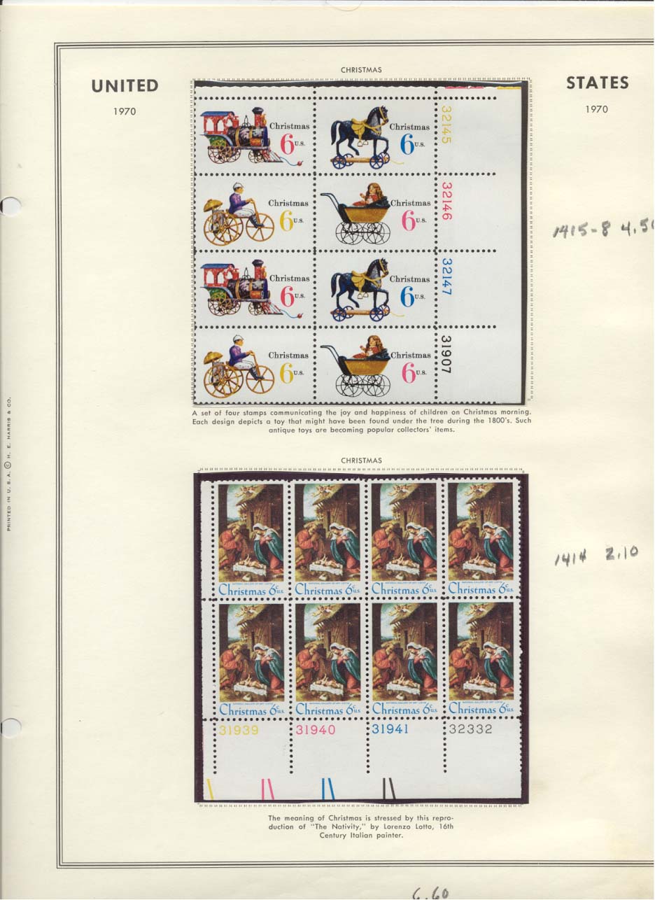 Stamp Plate Block Scott #1415-1418 & 1414 Christmas 1970