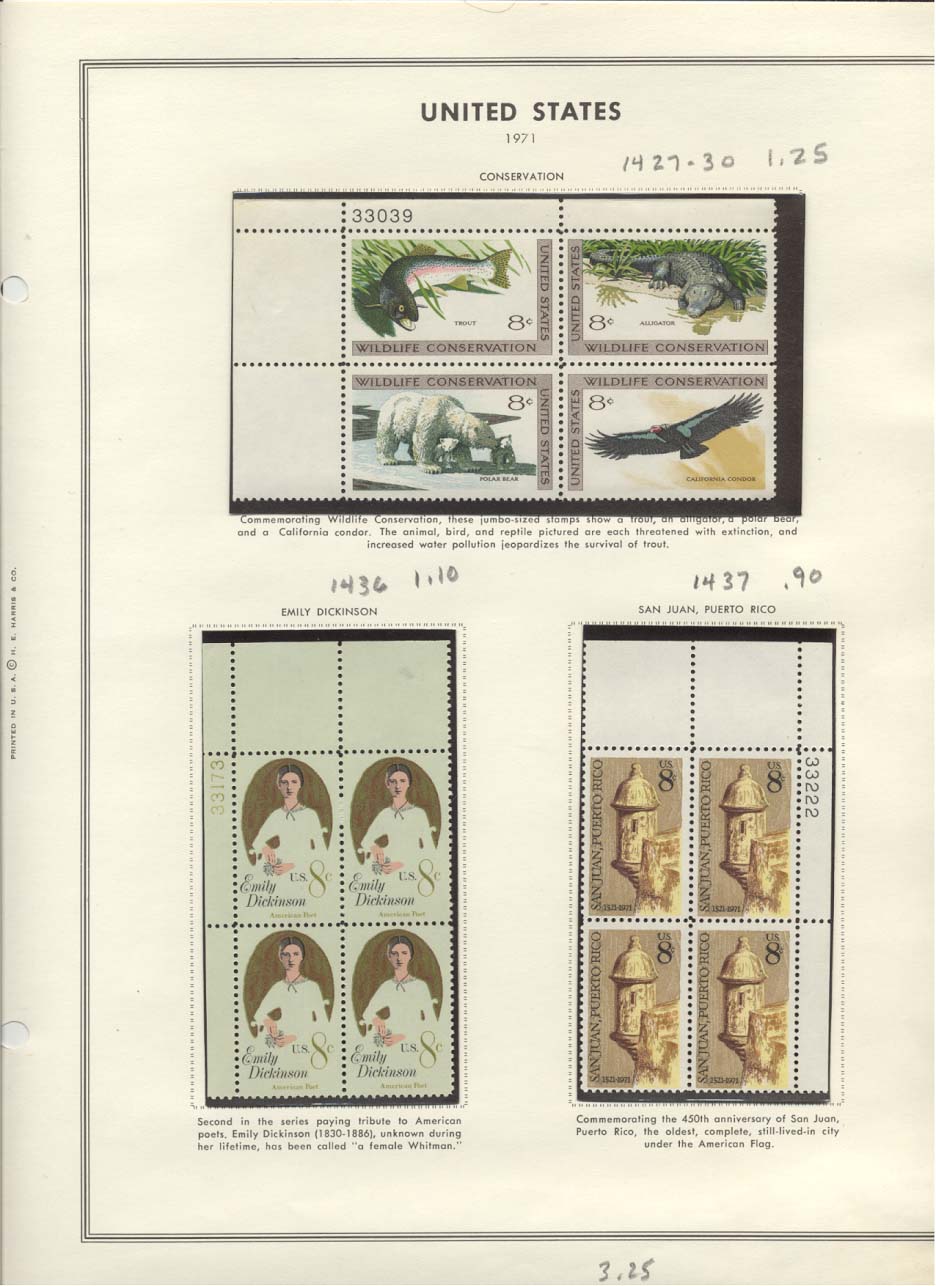 Stamp Plate Block Scott #1427-1430 Wildlife Conservation, 1436 Emily Dickinson, & 1437 San Juan, Puerto Rico