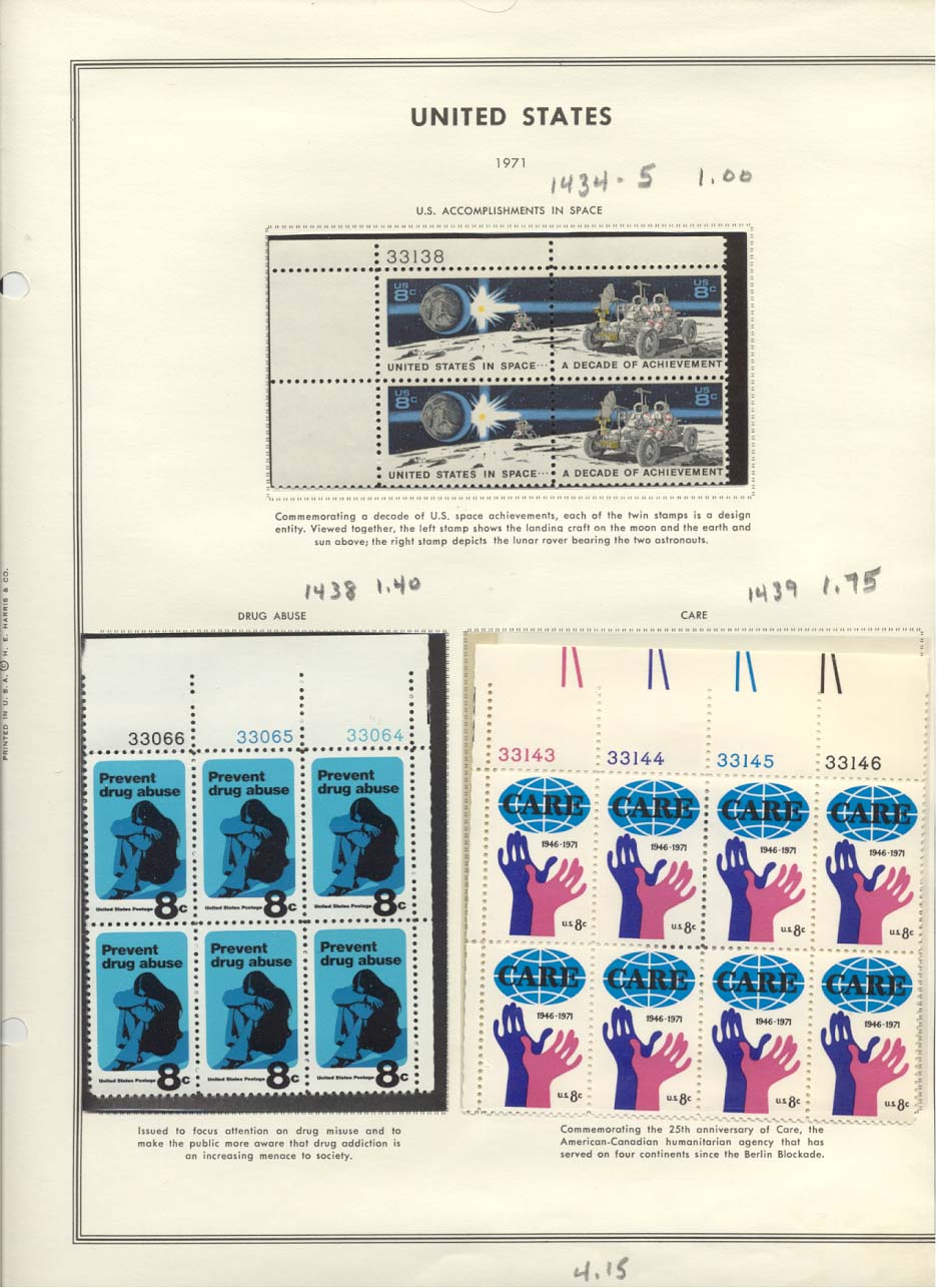 Stamp Plate Block Scott #1434-1435 Accomplishments In Space, 1438 Drug Abuse, & 1439 Care