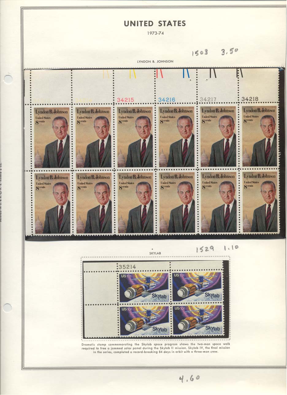 Stamp Plate Block Scott #1503 Lyndon B. Johnson & 1529 Skylab