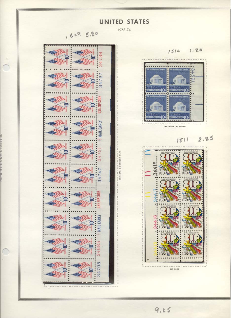 Stamp Plate Block Scott #1509 Original and Current Flags, 1510 Jefferson Memorial, & 1511 Zip Code