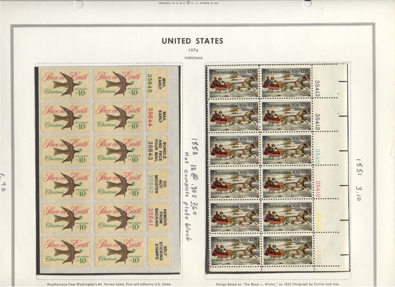 Stamp Plate Block Scott #1551 & 1552 Christmas 1974
